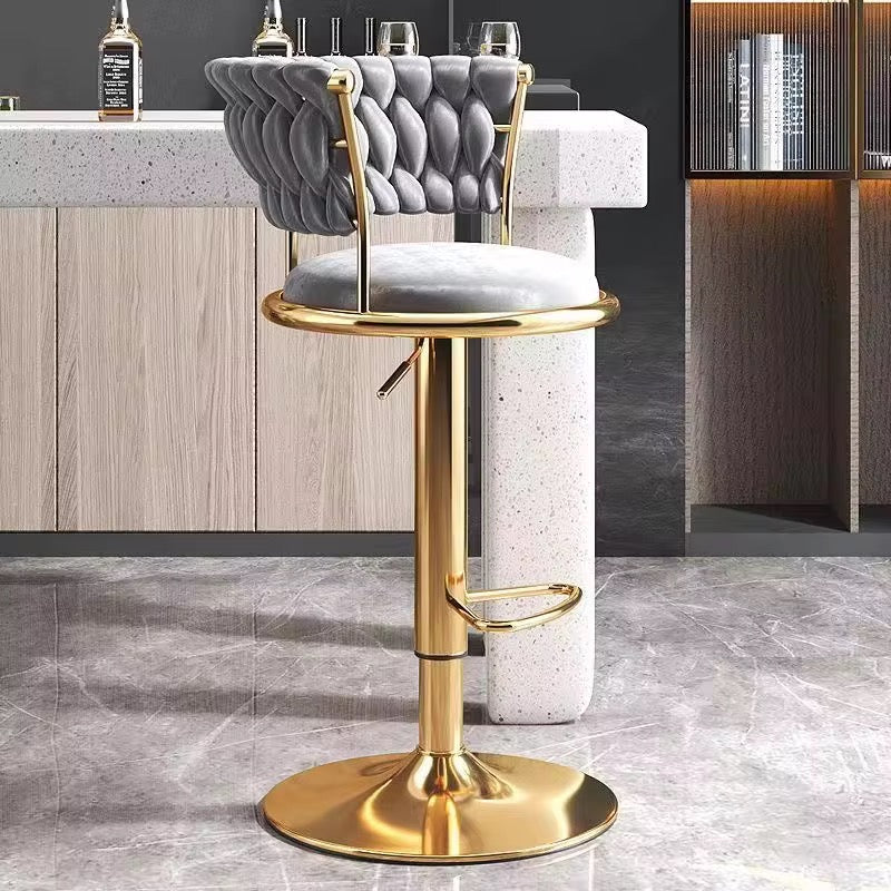 Velvet Swivel Bar Chair with Backrest – Height Adjustable, Gold Legs | Modern Bar Stool