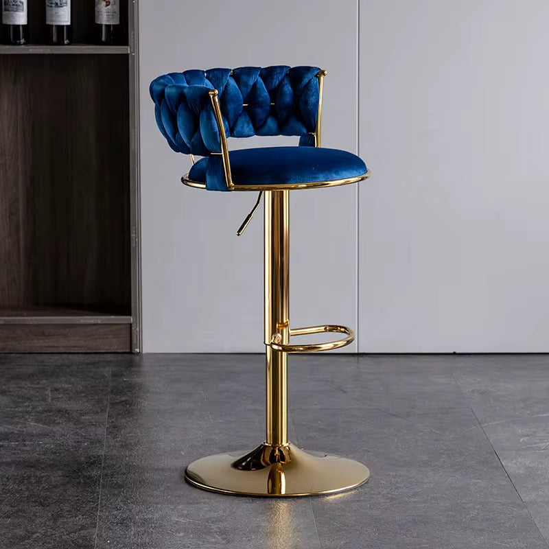Velvet Swivel Bar Chair with Backrest – Height Adjustable, Gold Legs | Modern Bar Stool