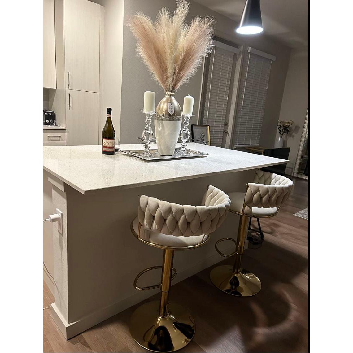 Velvet Swivel Bar Chair with Backrest – Height Adjustable, Gold Legs | Modern Bar Stool