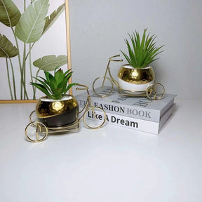 Vintage Ceramic Planter with Spring Garden Flower | Elegant Indoor Outdoor Decor with Gold Bike Stand Outdoor Vases