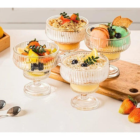 Vintage Style Ribbed Glass Dessert Cups 250ml Pudding Cups Machine Washable for Ice Cream Fruit & Cocktails