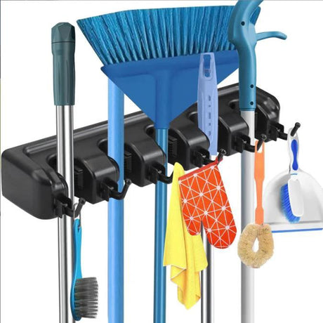 Wall Mounted Broom Holder 5 Position Organizer with 6 Hooks for Brush & Mop Storage Bathroom Accessories Utility Hooks