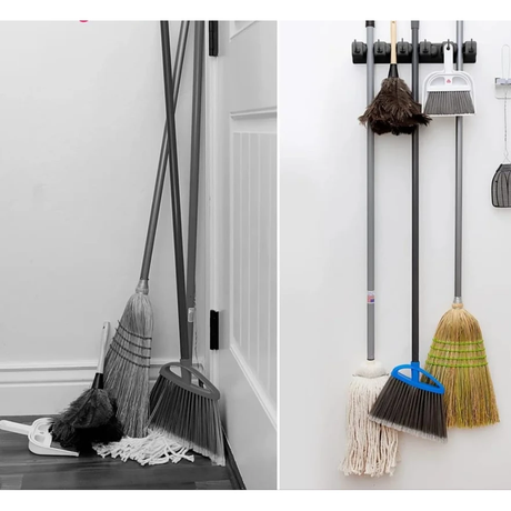 Wall Mounted Broom Holder 5 Position Organizer with 6 Hooks for Brush & Mop Storage Bathroom Accessories Utility Hooks