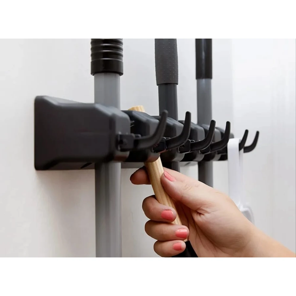 Wall Mounted Broom Holder 5 Position Organizer with 6 Hooks for Brush & Mop Storage Bathroom Accessories Utility Hooks