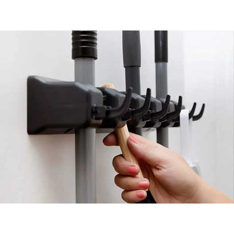Wall Mounted Broom Holder 5 Position Organizer with 6 Hooks for Brush & Mop Storage Bathroom Accessories Utility Hooks