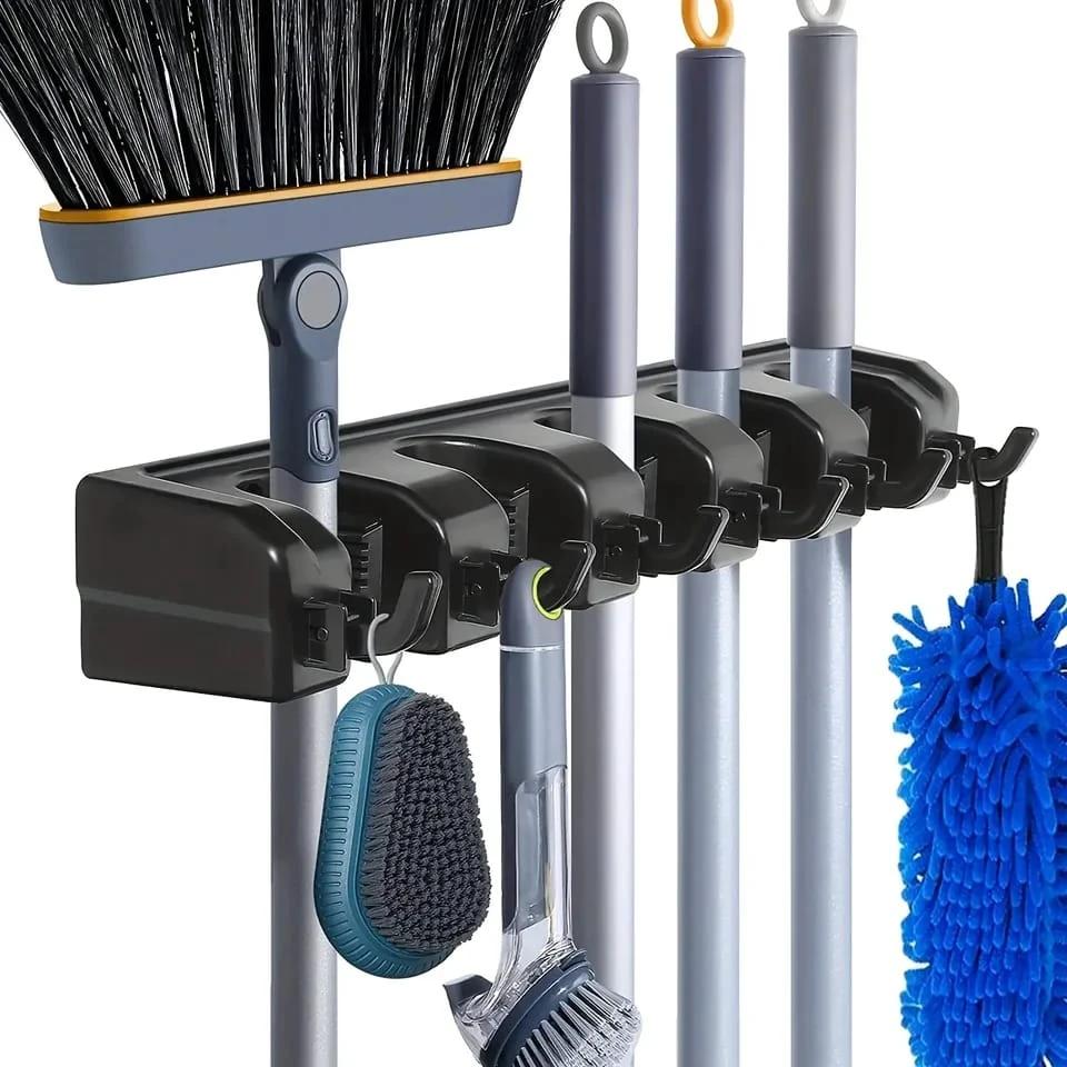 Wall Mounted Broom Holder 5 Position Organizer with 6 Hooks for Brush & Mop Storage Bathroom Accessories Utility Hooks