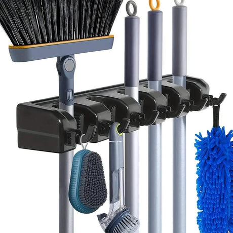Wall Mounted Broom Holder 5 Position Organizer with 6 Hooks for Brush & Mop Storage Bathroom Accessories Utility Hooks