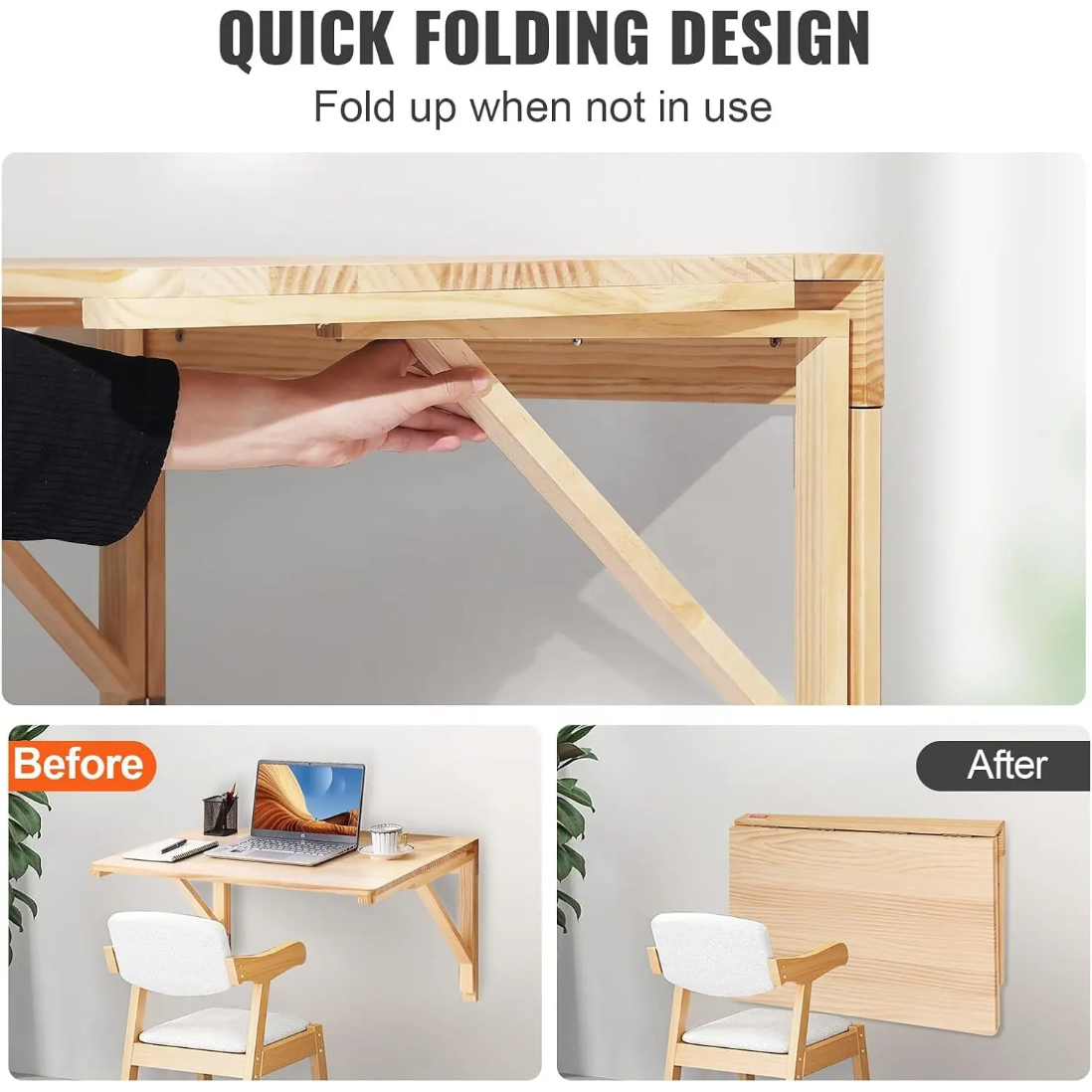 Wall Mounted Foldable Bamboo Wooden Table Space Saving Desk 60x40cm