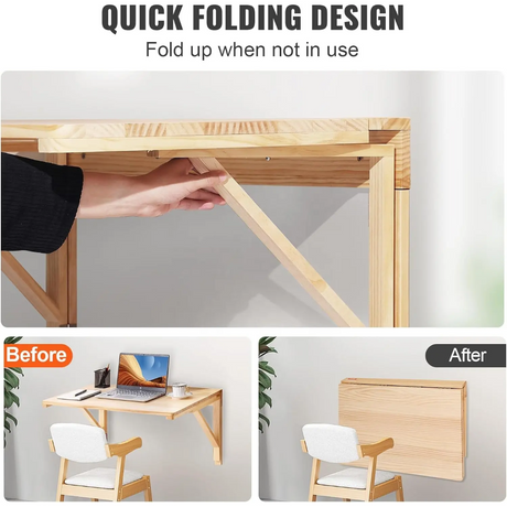 Wall Mounted Foldable Bamboo Wooden Table Space Saving Desk 60x40cm