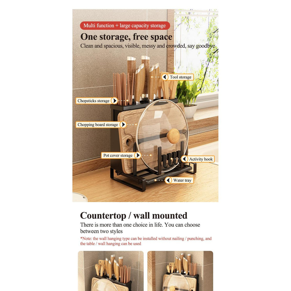 Wall Mounted Knife Rack | Kitchen Chopstick, Chopping Board & Pot Lid Storage Organizer