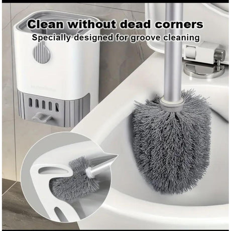 Wall Mounted Long Handle Toilet Cleaning Brush with Flexible Head | Space Saving Holder | No Dead Corners