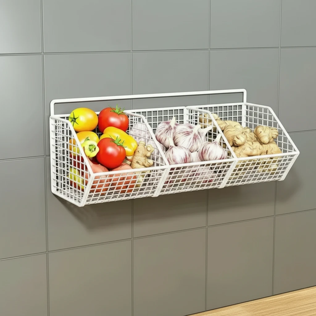 Wall-Mounted Mesh Basket Sturdy Kitchen Storage for Vegetables and Pantry Items. Food Storage Containers