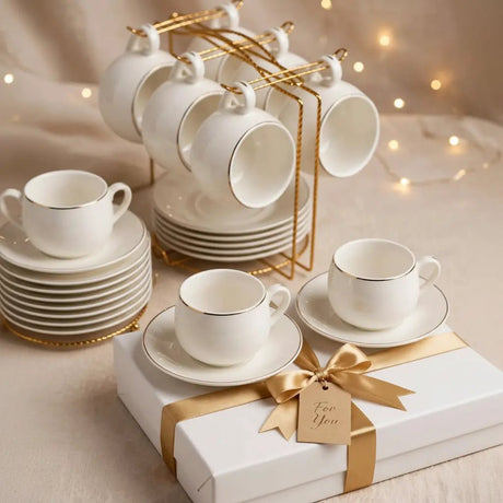Fine Bone China Tea Set 12pc with Gold Stand Kitchen & Dining Tea Sets