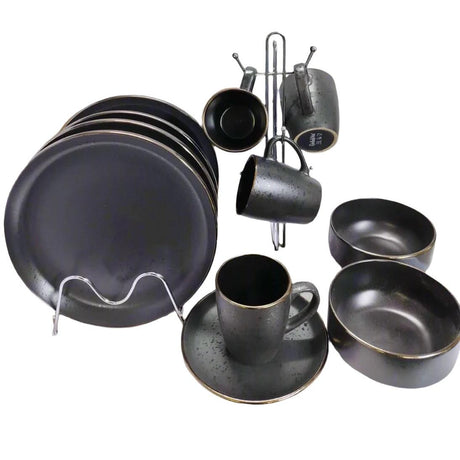 16 Piece Black Ceramic Dinner Set with Gold Rims | 4 Dinner Plates, 4 Side Plates, 4 Bowls, 4 Cups- Furaha Finds Kenya