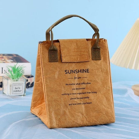 Furaha Finds Sunshine Thermal Insulated Lunch Bag in brown and green. Durable, lightweight, and portable food carrier with a spacious interior. Size 19 x 17 x 24 cm