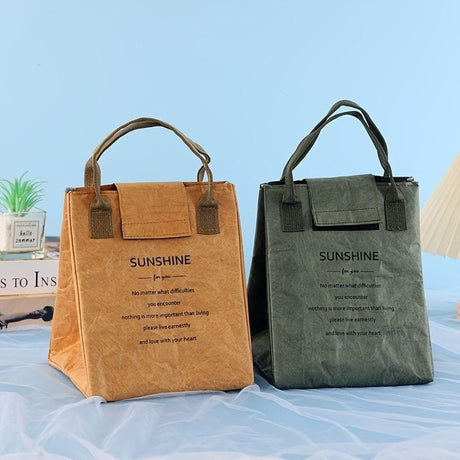 Furaha Finds Sunshine Thermal Insulated Lunch Bag in brown and green. Durable, lightweight, and portable food carrier with a spacious interior. Size 19 x 17 x 24 cm