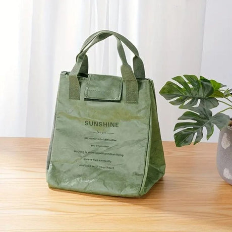 Furaha Finds Sunshine Thermal Insulated Lunch Bag in brown and green. Durable, lightweight, and portable food carrier with a spacious interior. Size 19 x 17 x 24 cm