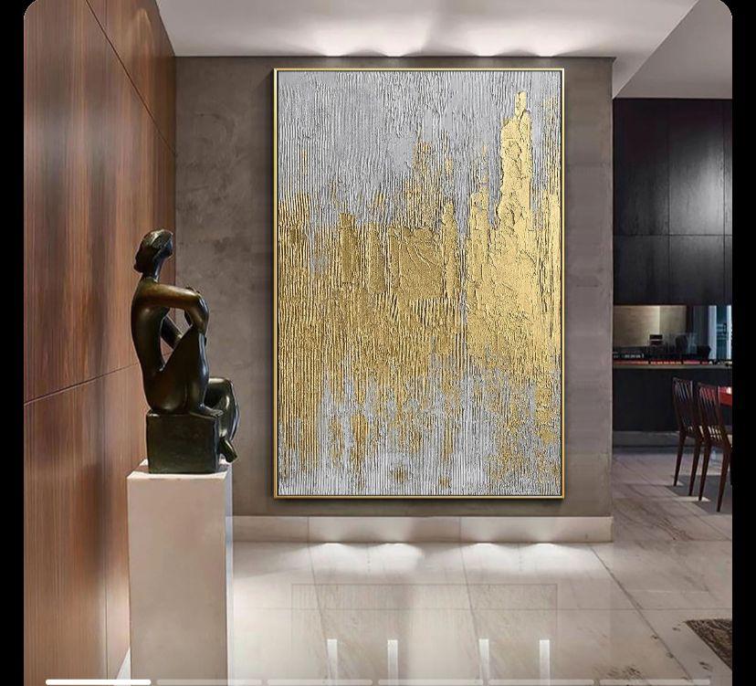 Furaha Finds 60x90cm High Quality White & Gold Texture Canvas Painting Luxury abstract artwork with a wooden frame for modern home and office decor.
