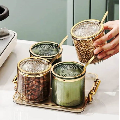 Luxury Acrylic Seasoning Set | Includes 4 Jars, Tray, and Spoons | Gold, Clear, Black- Furaha Finds Kenya