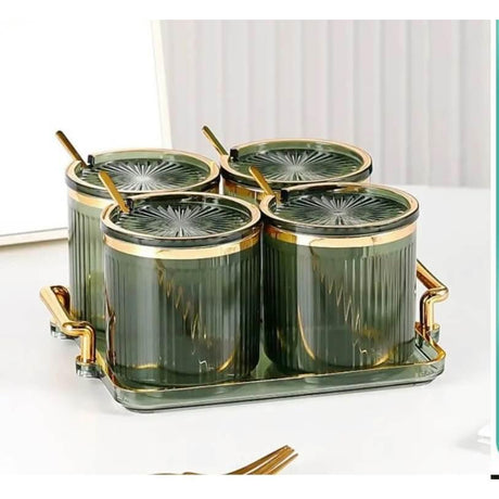 Luxury Acrylic Seasoning Set | Includes 4 Jars, Tray, and Spoons | Gold, Clear, Black- Furaha Finds Kenya