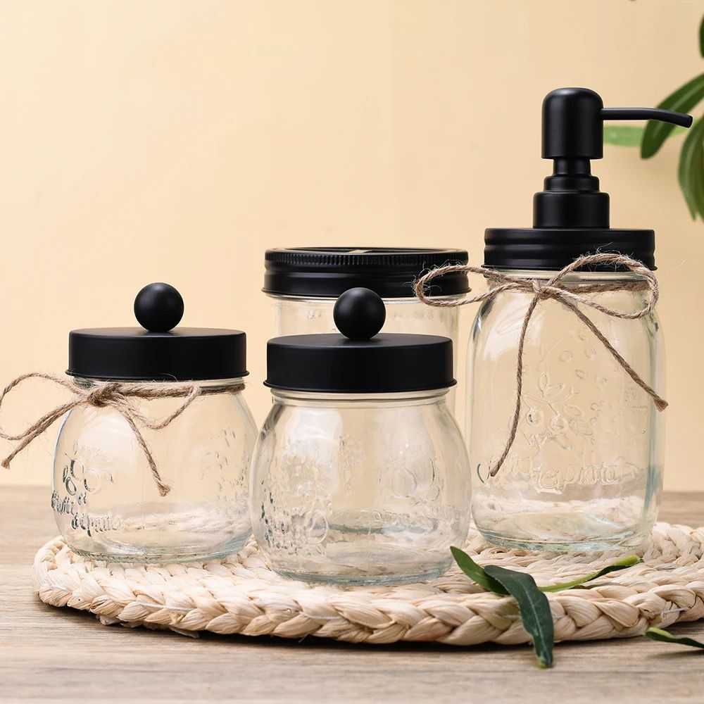 Furaha Finds 4-piece bathroom accessories mason jars set. Stylish glass storage jars with a soap dispenser, toothbrush holder, and containers for cotton swabs
