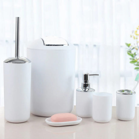 6 Piece Bathroom Accessories Set | Stylish & Functional Organization | Soap Dish, Trash Can, Toilet Brush & More
