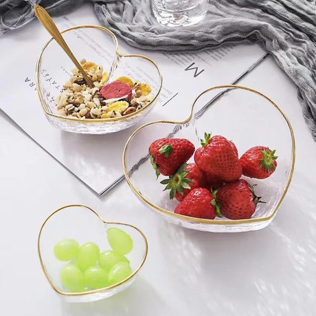 3pc Heart Shaped Glass Bowl Set | Golden Trim Hammered Pattern for Salad, Fruit, and Dessert- Furaha Finds Kenya