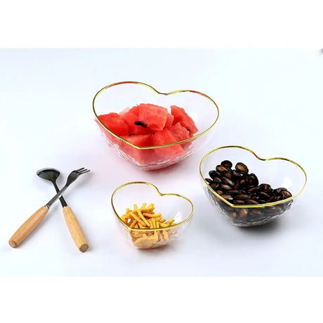 3pc Heart Shaped Glass Bowl Set | Golden Trim Hammered Pattern for Salad, Fruit, and Dessert- Furaha Finds Kenya
