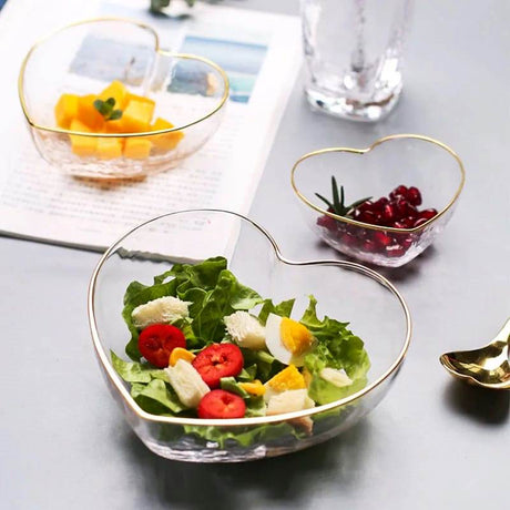 3pc Heart Shaped Glass Bowl Set | Golden Trim Hammered Pattern for Salad, Fruit, and Dessert- Furaha Finds Kenya