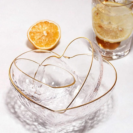 3pc Heart Shaped Glass Bowl Set | Golden Trim Hammered Pattern for Salad, Fruit, and Dessert- Furaha Finds Kenya