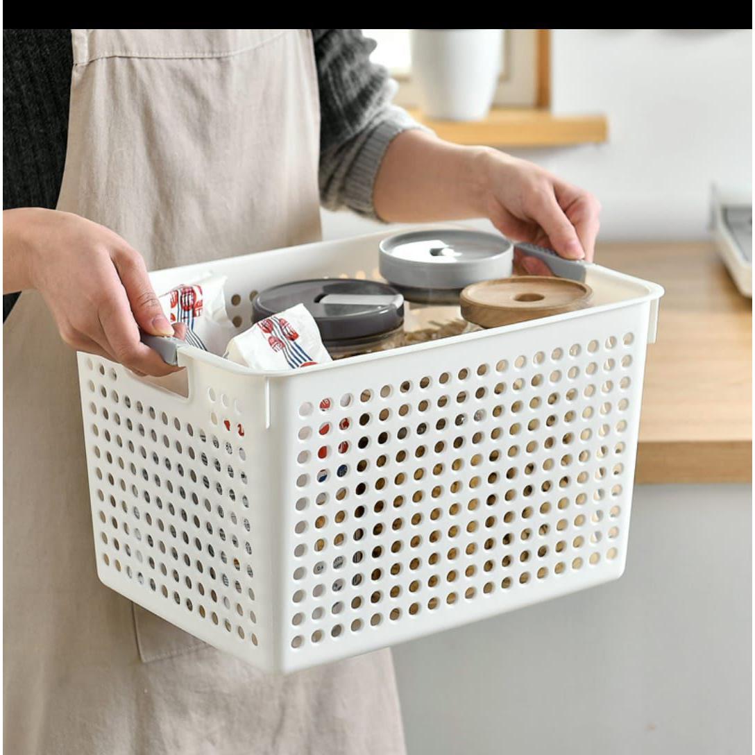 White Medium Plastic Storage Basket with Handles – 30x21x18.5cm | Multi-Purpose Organizer
