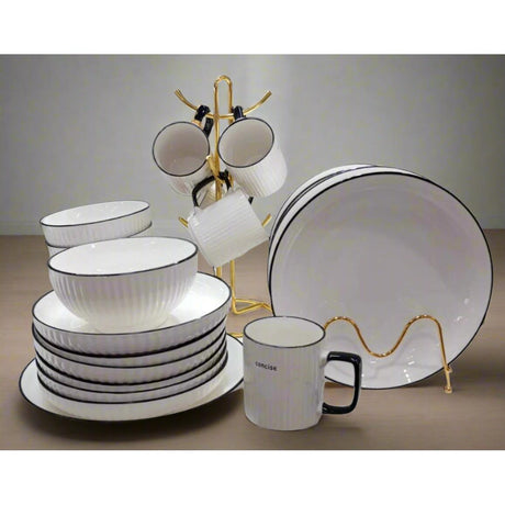 24-Piece Concise White Dinner Set with Black Rim Elegant & Minimalist Tableware- Furaha Finds Kenya