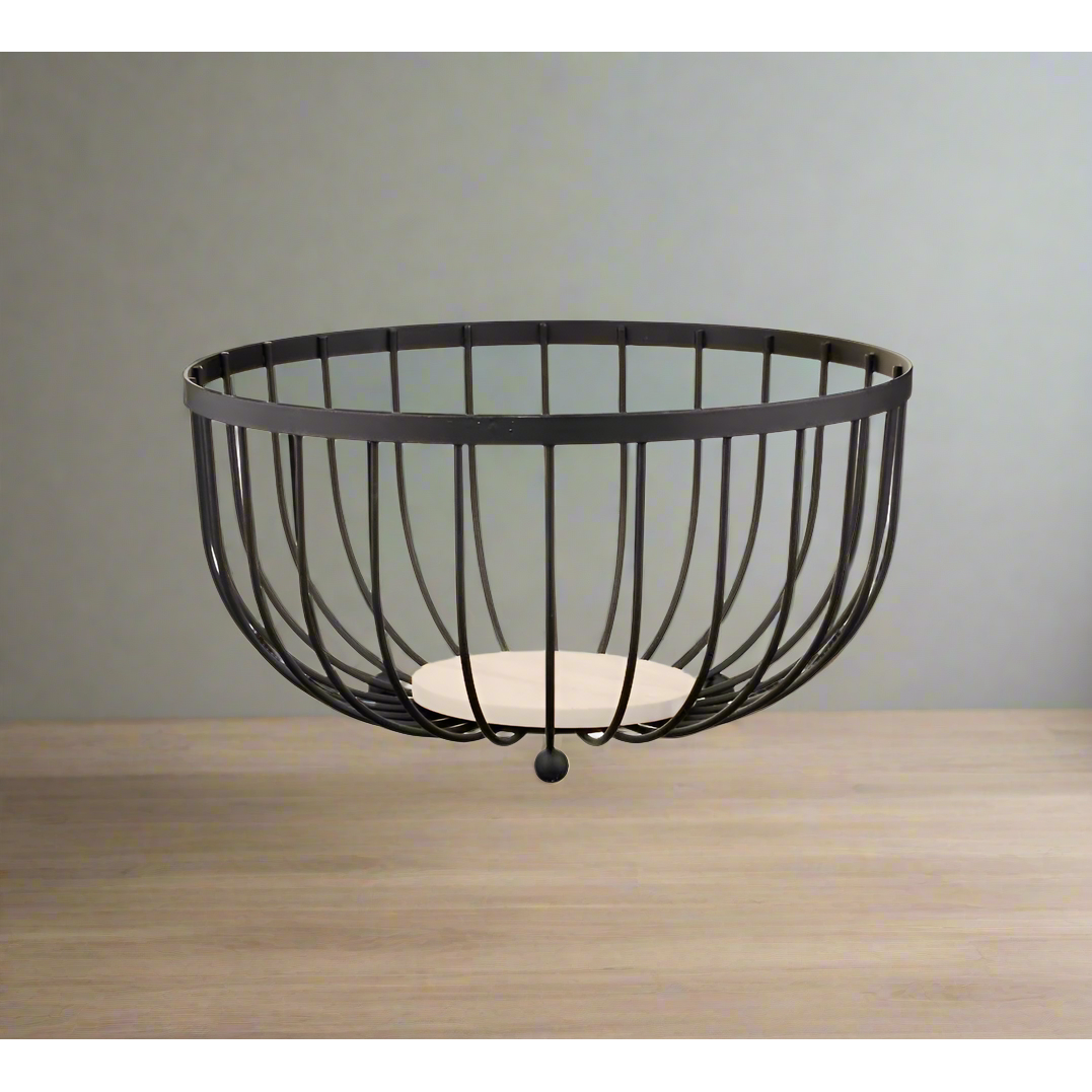 25cm Black Metal Design Fruit Basket with Wooden Base | Living Room | Kitchen Fruits OrganizeR Storage