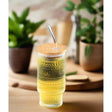 Embossed Vintage Glass Cup with Bamboo Lid, Straw, and Cleaning Brush 320ml Capacity- Furaha Finds Kenya