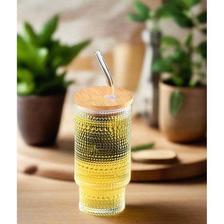 Embossed Vintage Glass Cup with Bamboo Lid, Straw, and Cleaning Brush 320ml Capacity- Furaha Finds Kenya