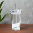 Furaha Finds Round Transparent Borosilicate Drinking Glass Cup/Tumbler Durable, heat resistant, with airtight lid and reusable straw for hot and cold beverages.
