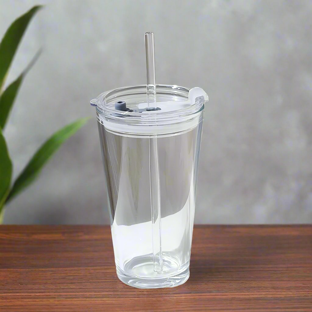 Furaha Finds Round Transparent Borosilicate Drinking Glass Cup/Tumbler Durable, heat resistant, with airtight lid and reusable straw for hot and cold beverages.

