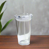 Furaha Finds Round Transparent Borosilicate Drinking Glass Cup/Tumbler Durable, heat resistant, with airtight lid and reusable straw for hot and cold beverages.

