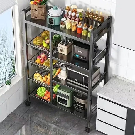 Multifunctional Strong Metallic Kitchen Rack with Lockable Wheels Black Kitchen Storage Rack Organizer.- Furaha Finds Kenya