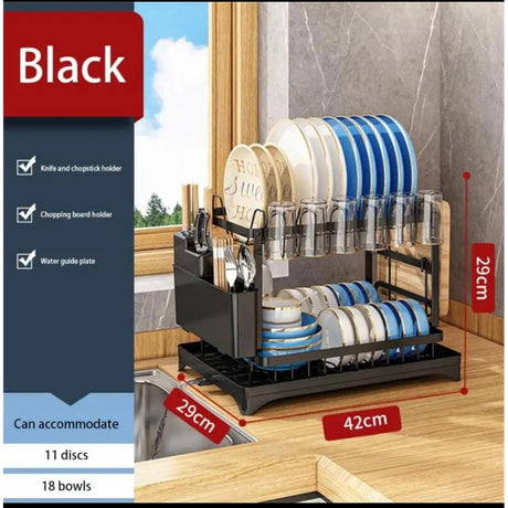 Quality Carbon 2 Tier Dish Rack | 42x29x29cm Black Kitchen Organizer- Furaha Finds Kenya