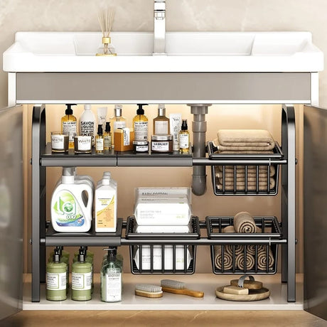 Multipurpose Under Sink 2 Tier Rack Organizer Adjustable Width for Kitchen & Bathroom- Furaha Finds Kenya
