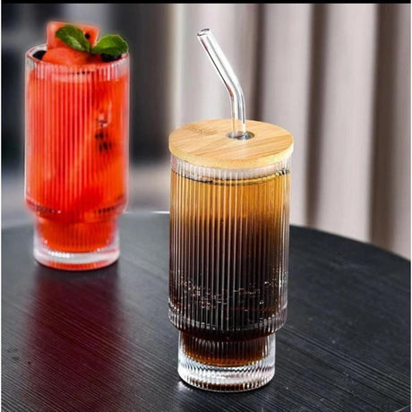 350ml Ribbed Borosilicate Glass Tumbler with Bamboo Lid & Straw- Furaha Finds Kenya