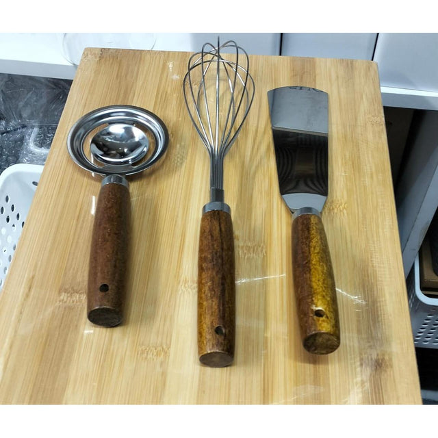 Set of 3 Baking Tools | Egg White Separator, Whisk, Cake Spatula with Wood Handle & Stainless Steel
