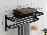 Foldable Metallic Bathroom Towel Holder Rack | 60x21x19cm Black - Adhesive & Screw Mount Options