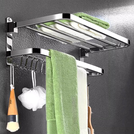 304 Stainless Steel Bathroom Wall Mounted Towel Rack with Hooks 60cm Long Silver