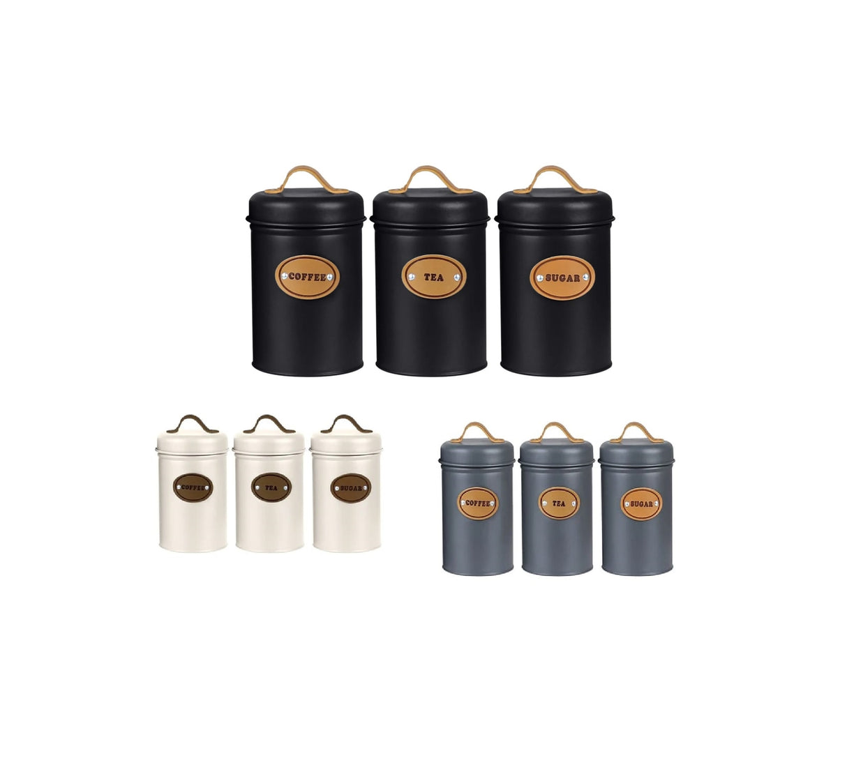 High Quality Galvanized Iron 3 Piece Alloy Canister Set with Leather Accents | Kitchen Storage Organizer| Multiple Colors