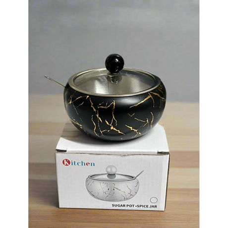 Stainless Steel 440ml Capacity Sugar Dish with Matching Lid & Spoon | Sugar Pot | Spice Jar| Kitchen Storage | Black- Furaha Finds Kenya