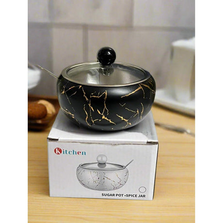 Stainless Steel 440ml Capacity Sugar Dish with Matching Lid & Spoon | Sugar Pot | Spice Jar| Kitchen Storage | Black- Furaha Finds Kenya