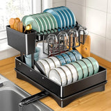 Furaha Finds 2Tier Foldable Dish Drying Rack 42x32x30cm carbon steel, rust resistant, with drip tray, chopping board rack, and spoon holder for efficient kitchen organization.
