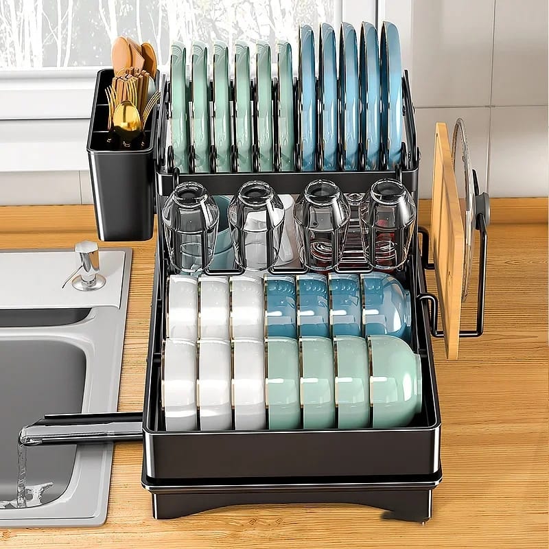 Furaha Finds 2Tier Foldable Dish Drying Rack 42x32x30cm carbon steel, rust resistant, with drip tray, chopping board rack, and spoon holder for efficient kitchen organization.